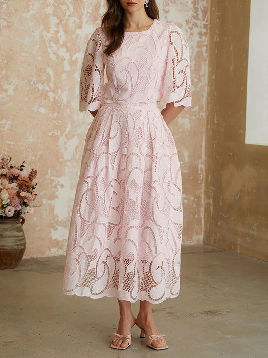 O-Neck Lace Overlay Puff Sleeve Cropped Top and Pleated Midi Skirt Set