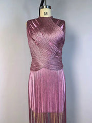 Mock Neck Fringe Maxi Dress