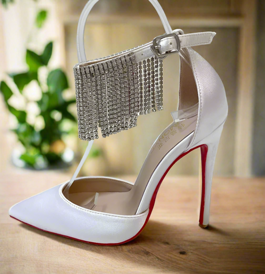 White Satin Silk Ankle Strap with Crystal Tassels High Heeled Shoes