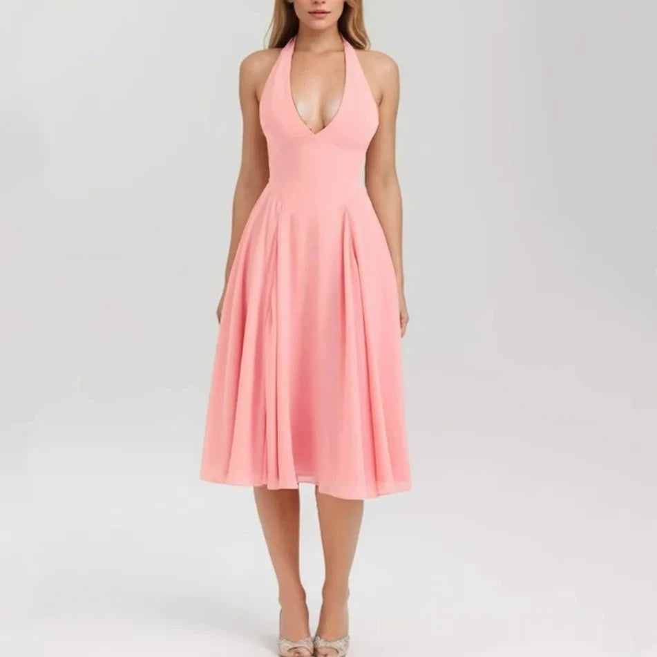 Pink Deep V Collar Halter Sling Midi Dress