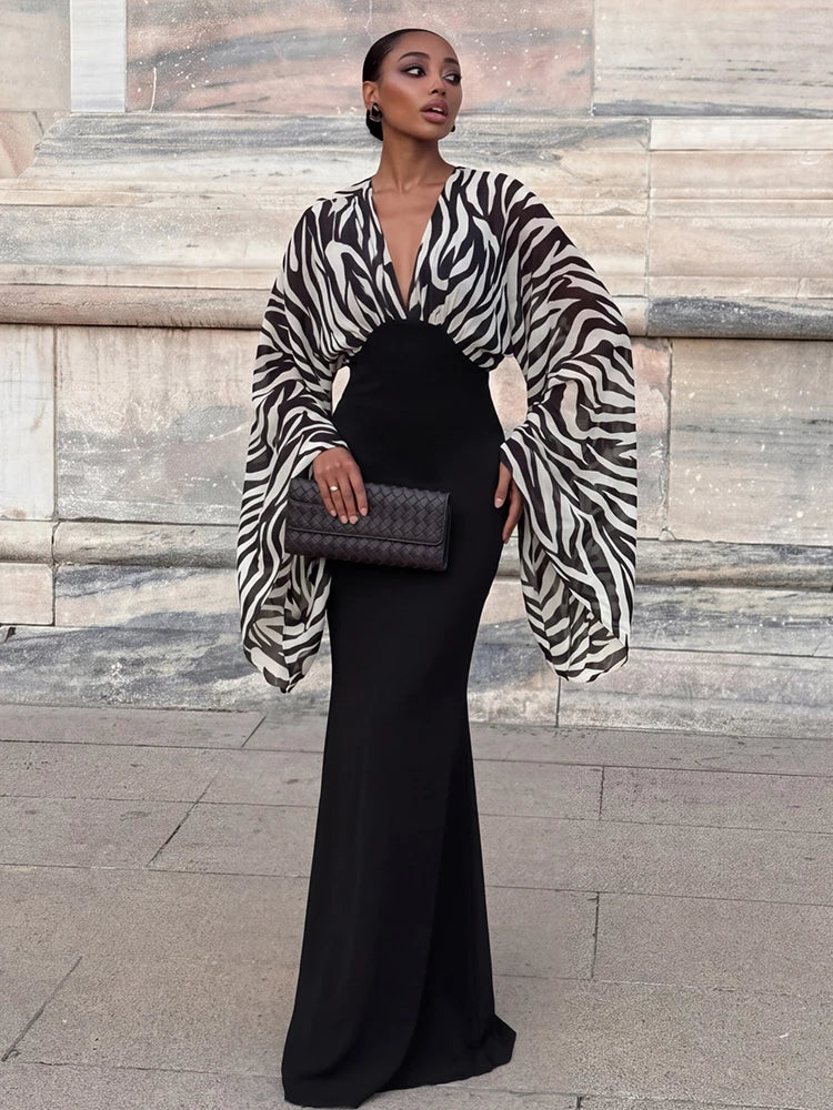 Zebra print V-neck midi dress with flare sleeves