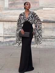 Zebra print V-neck midi dress with flare sleeves