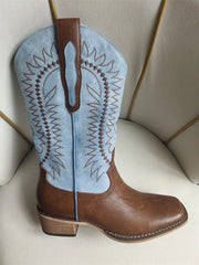 Embroidered Square Toe Block Heel Boots