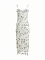 White Floral Appliqu�� V-Neck Midi Dress
