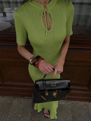 Knitted Short Sleeve Ruffle Maxi Dress