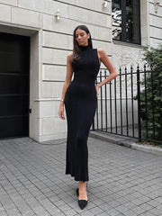 Sleeveless turtleneck ribbed knit maxi dress in elegant design for women.