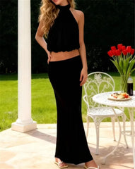 Black halter crop top and maxi skirt set