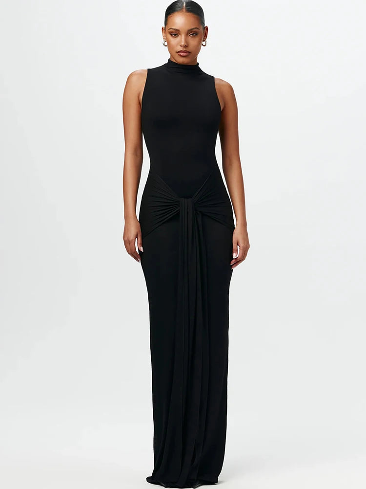 Mock neck sleeveless maxi dress with front knot detail in black