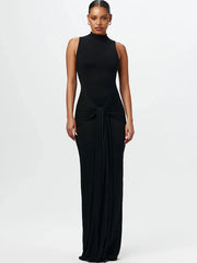 Mock neck sleeveless maxi dress with front knot detail in black