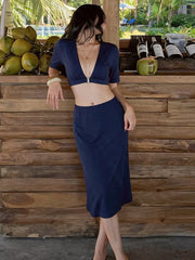 Blue Deep V-Neck Bralette Top and Midi Skirt Set
