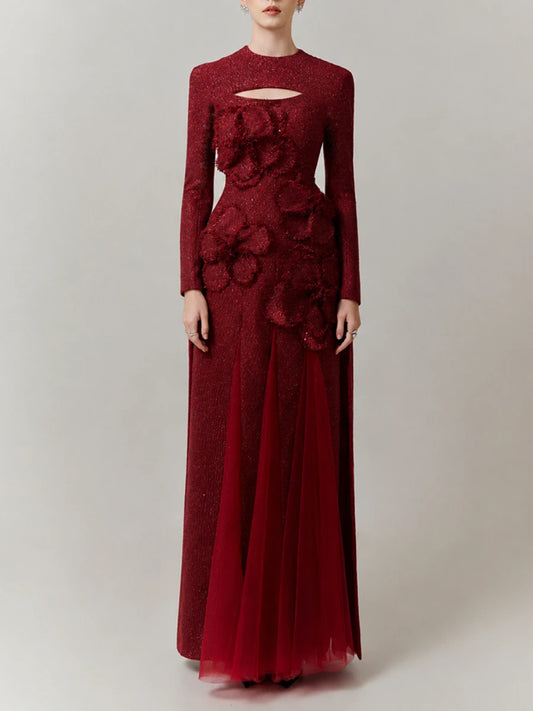 Crimson sequin maxi dress with floral appliqué and cutout neckline