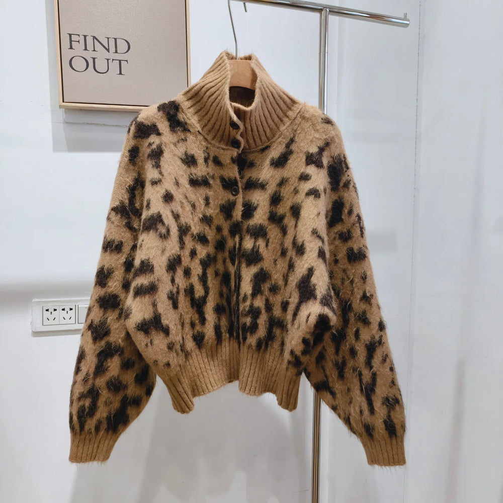 Close-up of leopard print knit coat