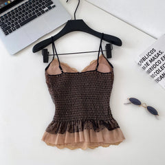 Polka Dot Lace Trim Cami Shirred Top