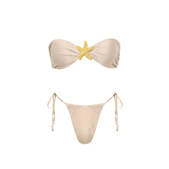 One-Piece Cut Out Swimsuit and Skirt Set with Gold Flower Accents