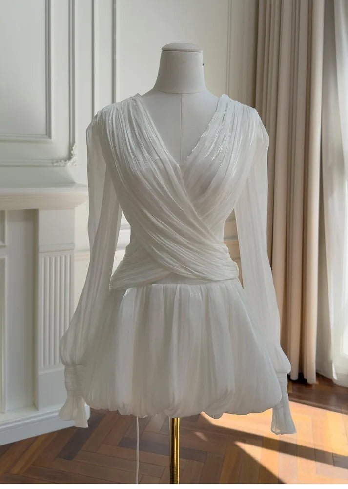 Pleated V-neck Mini Dress with wrap front and lantern sleeves