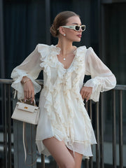 Ruffled Lace Up Long Sleeve Mini Dress