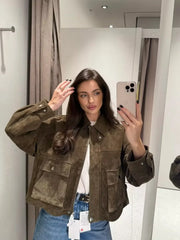 Faux leather patch pocket bomber jacket