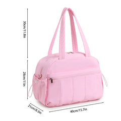 Pink handbag with measurements on a white background