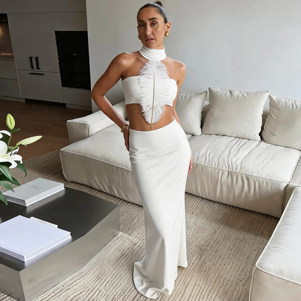 Full length view of halter neck tube top and mermaid skirt set