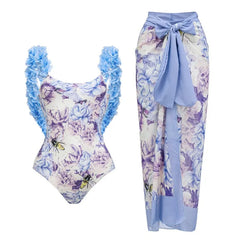 Ruffled Floral Print One-Piece Swimsuit and Maxi Skirt Set
