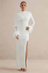 White draped feather cuff maxi dress