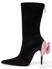 Black Satin Rosy 3D Flower Pointed Toe Stilettos Zip Ankle Boot