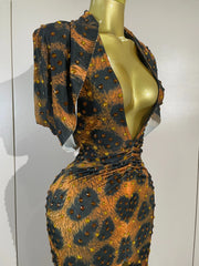 Leopard Print Embellished V-Neck Gown