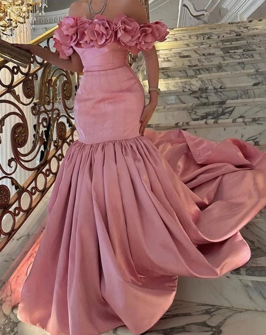 Boat-neck Pleat 3D Flower Open The Shoulder Pink Prom Dress