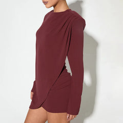 Woman wearing a Long Sleeve Patchwork Draped Mini Dress