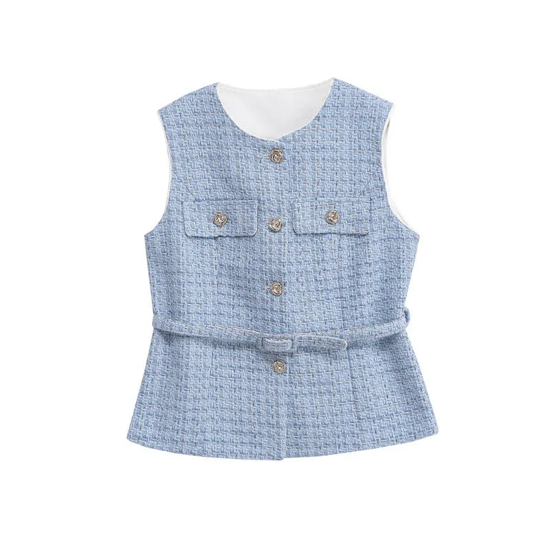 Blue checkered vest with buttons on a white background