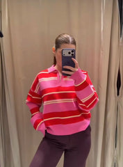 Striped Polo Collar Knit Top