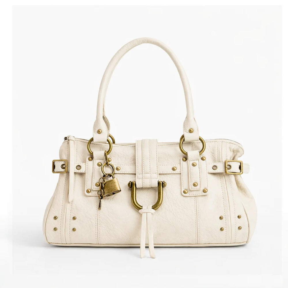 White structured shoulder bag with gold-tone hardware and lock charm