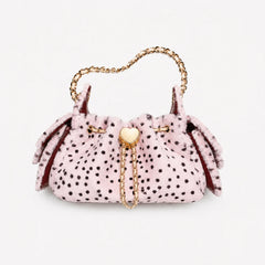 Pink faux fur bucket bag with leopard spots and gold heart clasp