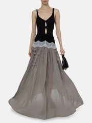Lace trim v-neck maxi dress with model holding clutch
