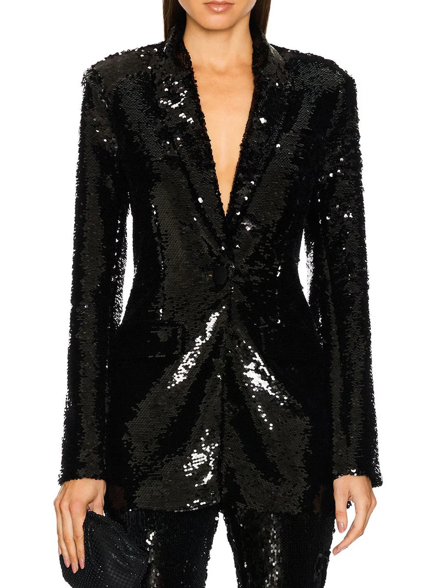 Black sequin blazer worn by a model on a white background