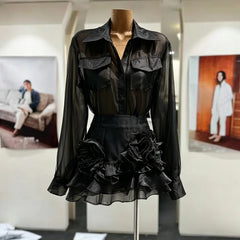 Sheer Lapel Shirt and Floral Skirt Set