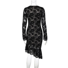 Black Lace V-Neck Long Sleeve Midi Dress