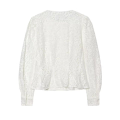 Back view of a white lace double-breasted cropped jacket.