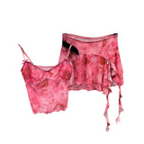 Women V Neck Pink Tie Dye Camisole Distressed Short Skirt Set