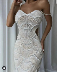 Pearl Beaded Sequins Spaghetti Strap Bodycon Long Dress