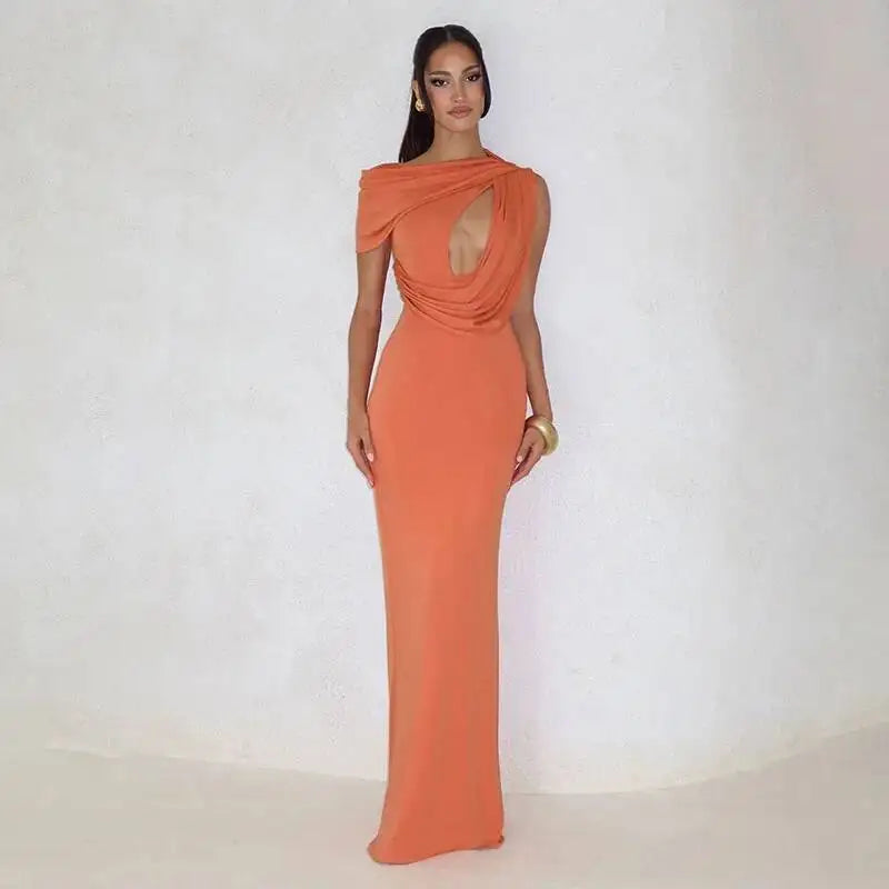 Orange one-shoulder cutout maxi dress studio shot