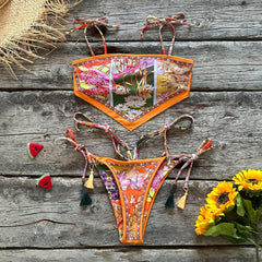 Printed halter triangle swimwear set layed flat