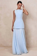 Boat Neck Sleeveless Pleated Maxi Dress