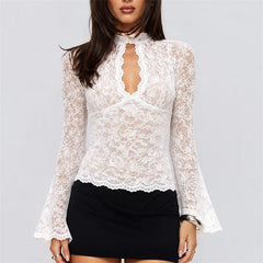 Keyhole Lace Flared Sleeve Top