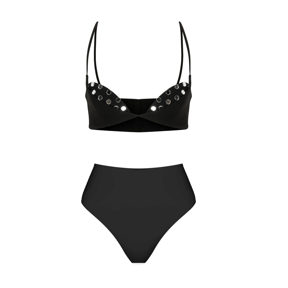 Black embellished bikini top and high waist bikini bottoms