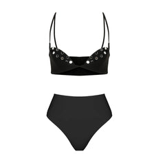 Black embellished bikini top and high waist bikini bottoms