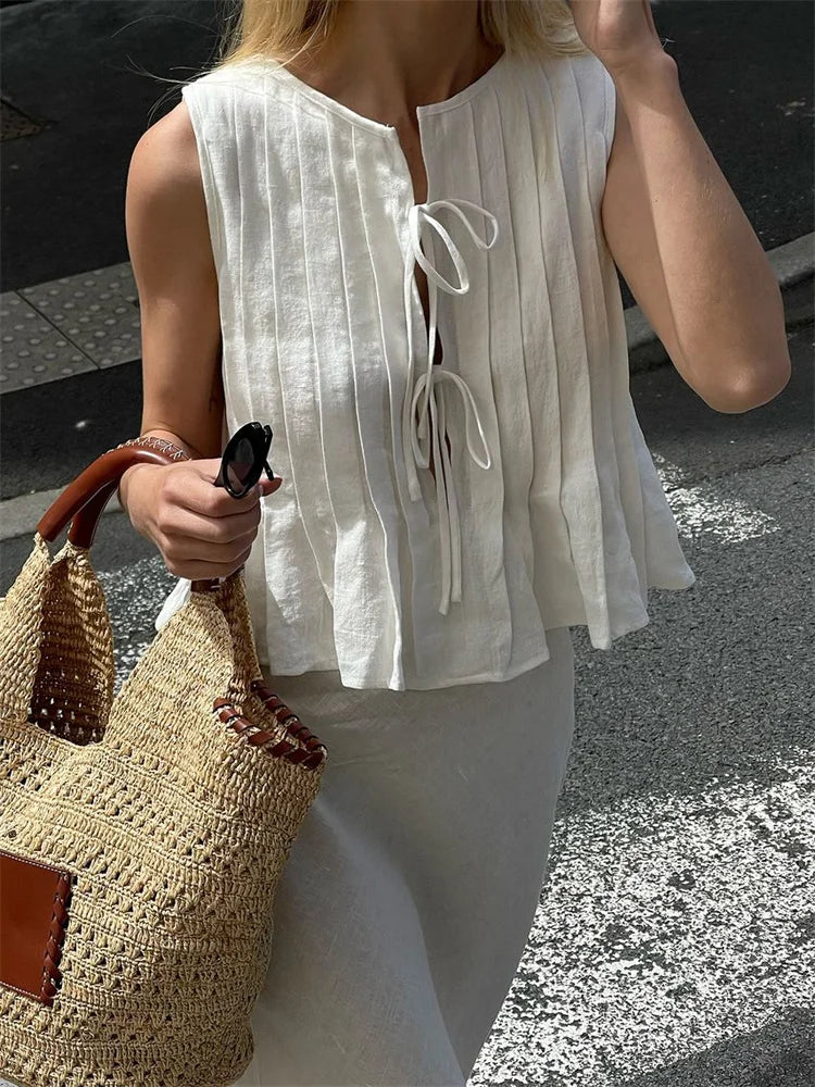 White Bandage Ribbed Hollow Out Lace-Up Vest Top