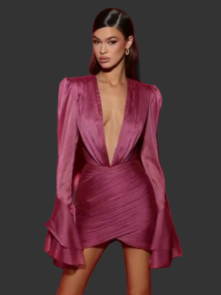 Satin mini dress with deep v neckline and flared sleeves
