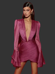 Satin mini dress with deep v neckline and flared sleeves
