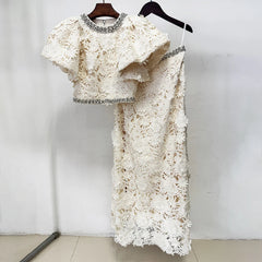 White Embroidered Flare Top And Midi Skirt with Crystal Embellishment Set